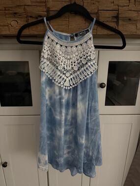 CNFIO Tie Dye Boho Tank Top L Crochet Lace Razorback Flowy Festival Top